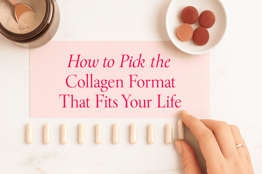 Collagen powder, capsules and gummies on a white marble table