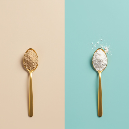 Bovine and marine collagen powders on golden spoons side by side on pastel background
