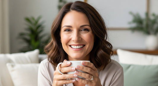 A smiling woman holds a cup in a cozy living room