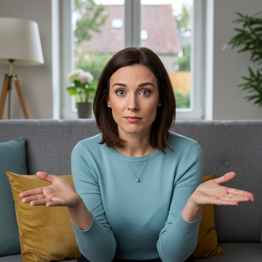 an overwhelmed woman sitting on the sofa