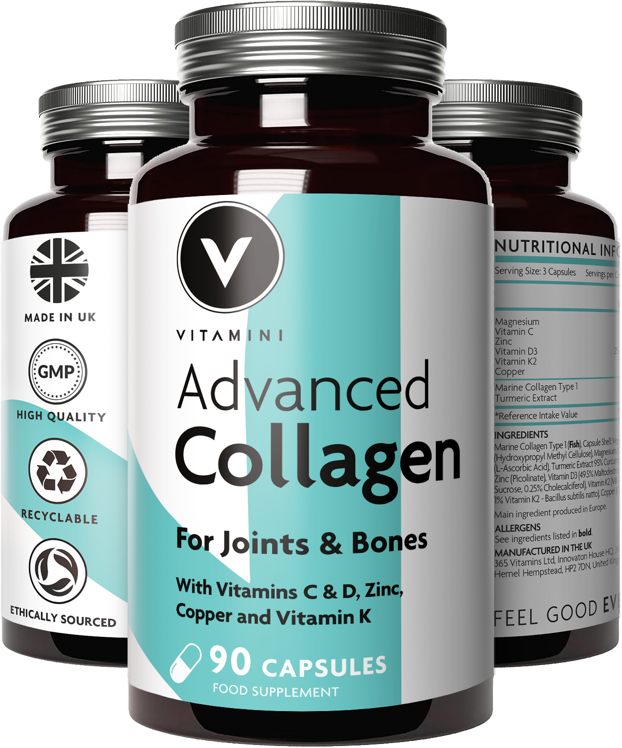 Three bottles of Advanced Collagen for joints and bones. Label reads with vitamins C & D, zinc, copper and vitamin k. 90 capsules food supplement. Made in the UK. High quality. Recyclable. Ethically sourced. 