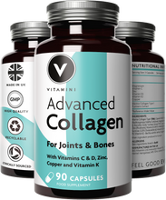 Load image into Gallery viewer, Three bottles of Advanced Collagen for joints and bones. Label reads with vitamins C &amp; D, zinc, copper and vitamin k. 90 capsules food supplement. Made in the UK. High quality. Recyclable. Ethically sourced. 
