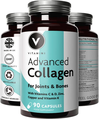 Three bottles of Advanced Collagen for joints and bones. Label reads with vitamins C & D, zinc, copper and vitamin k. 90 capsules food supplement. Made in the UK. High quality. Recyclable. Ethically sourced. 