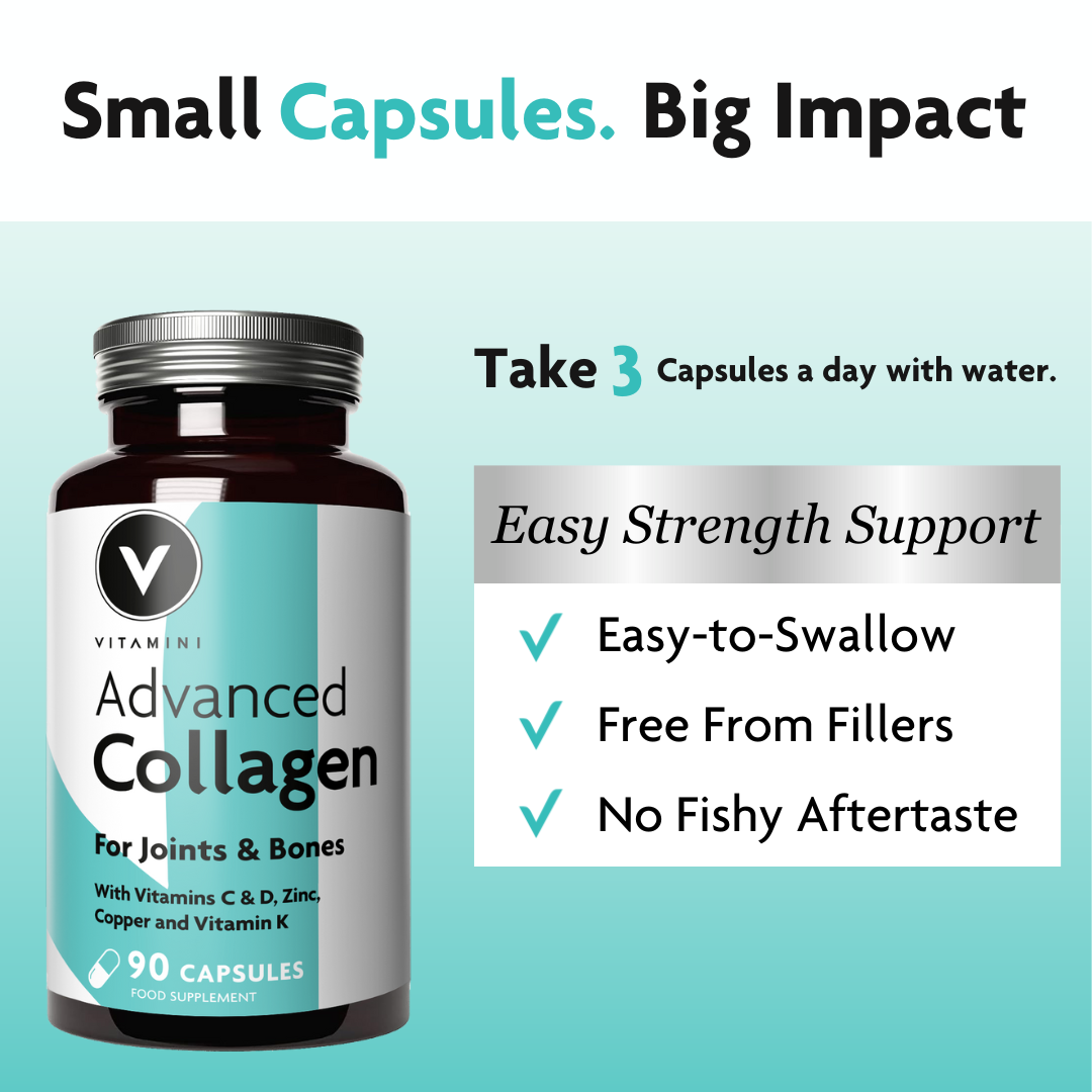 Small capsules. Big impact. Bottle of Advanced Collagen for joints and bones. Take 3 capsules a day with water. Easy strength support. Easy to swallow. Free from fillers. No fishy aftertaste.